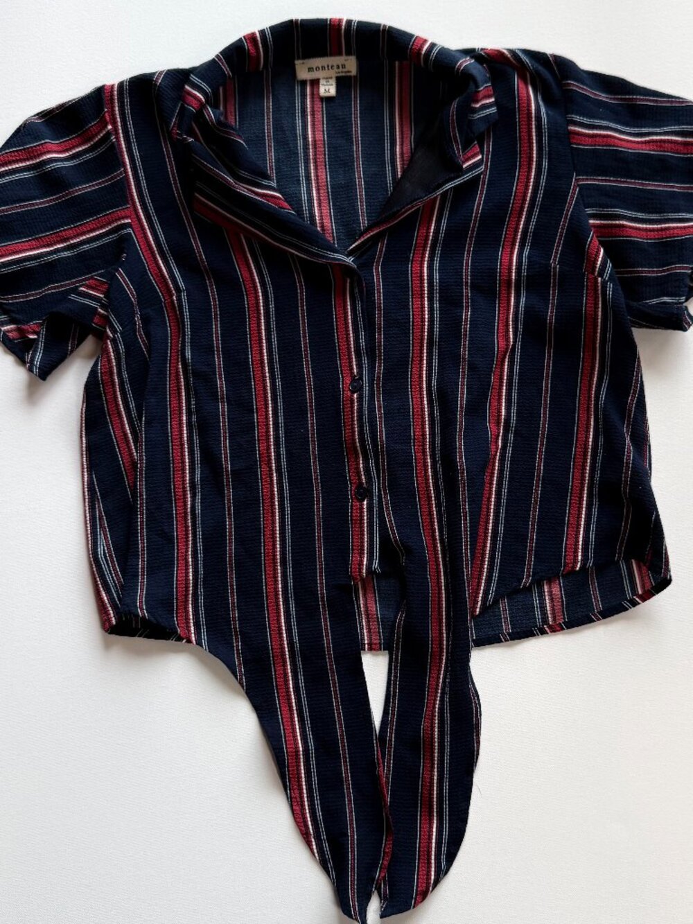 Monteau Striped Short-Sleeve Tie-Front Crop Blouse